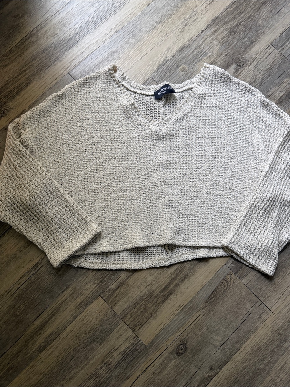 Kittenish Cream Cropped V-Neck Waffle Knit Sweater